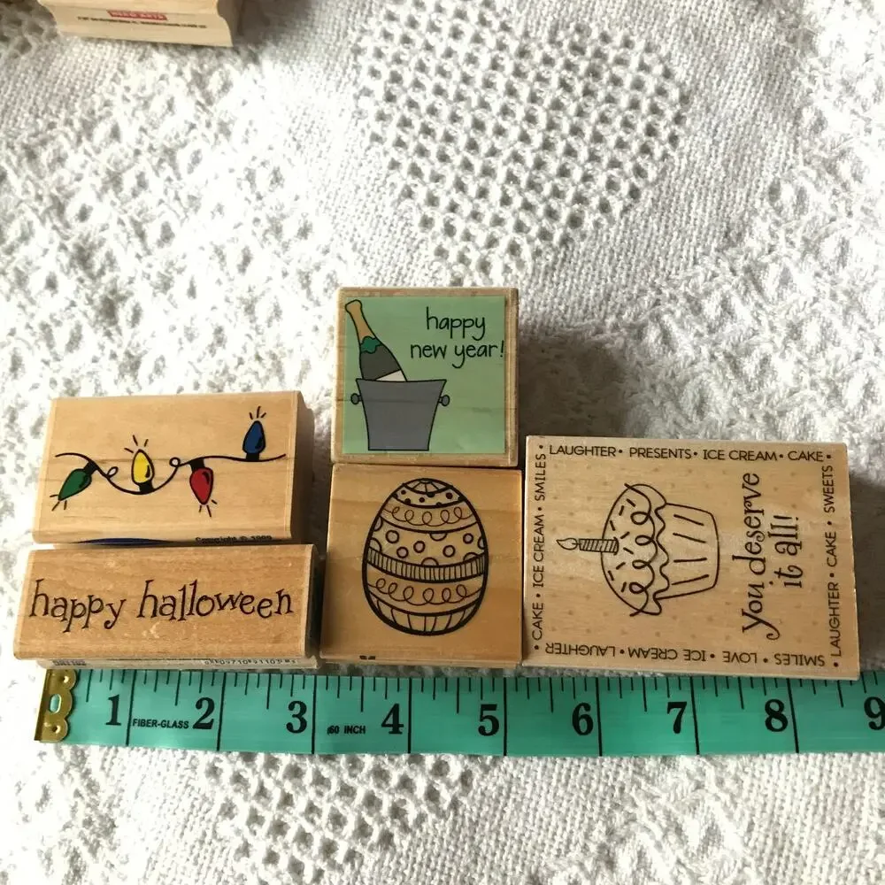 Pre-owned Wood-backed Rubber Stamp Holiday Lot of 8 stamps turkey birthday more
